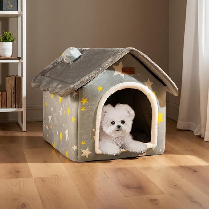 SEAHOME Foldable Dog House Kennel Bed Mat for Indoor Pets,Enclosed Warm Plush Sleeping Nest Bed with Removable Cushion,Covered Small Pet Condos Indoor Cat Hideaway (L, Grey)