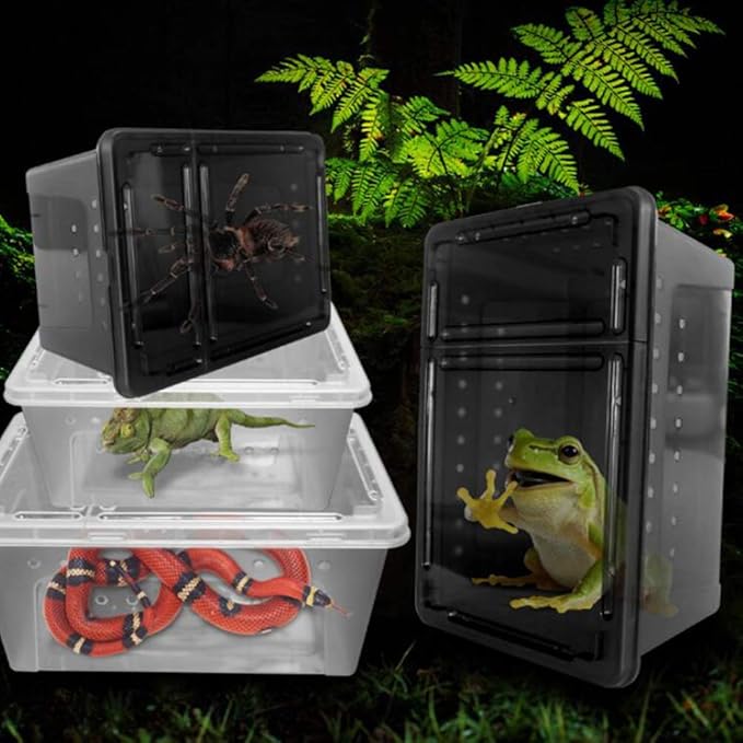 OMEM Portable Reptile Terrarium Habitat for Mini Pet Houses Breathable Holes Stackable Container (Black-M)