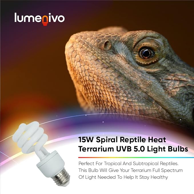 lumenivo 15 Watt UVB Reptile Light 5.0 15W Spiral Reptile Heat Terrarium Light Bulbs for Turtles, Gecko, Tortoise, Snake, Lizard, Chameleons, and Insects - 120V - 2 Pack