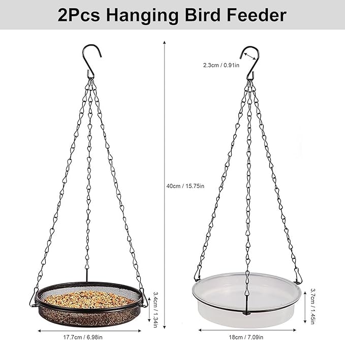 Birdfeeders Outside Hanging, 2-in-1 Metal Birdfeeder & Birdbath Wild Bird Feeder with Mesh Tray and Water Bowl for Garden, Patio, Or Yard