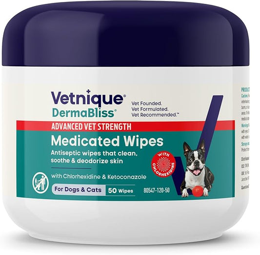 Vetnique Dermabliss Advanced Strength Medicated Antibacterial Wipes for Dogs with Chlorhexidine for Infections, Irritation & Redness Relief