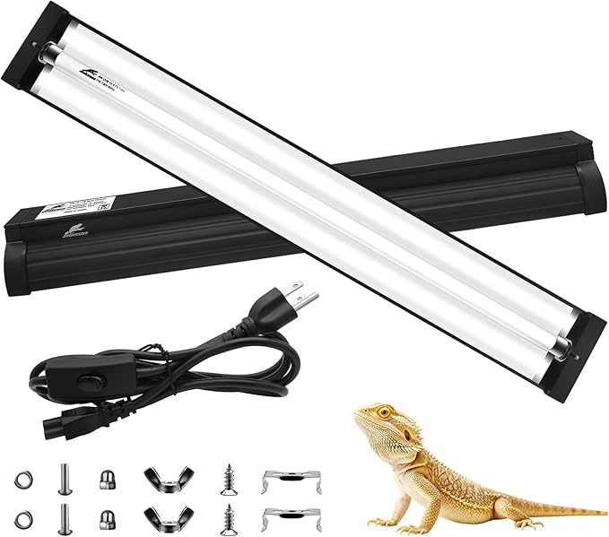 T5 10.0 UVB Reptile Light Fixture Combo Kit, 24W High Output UVA UVB Light with Upgraded Wider Alloy Reflector for Bearded Dragons Lizards Tortoises and Other Desert or Tropical Reptiles (22.7Inch)
