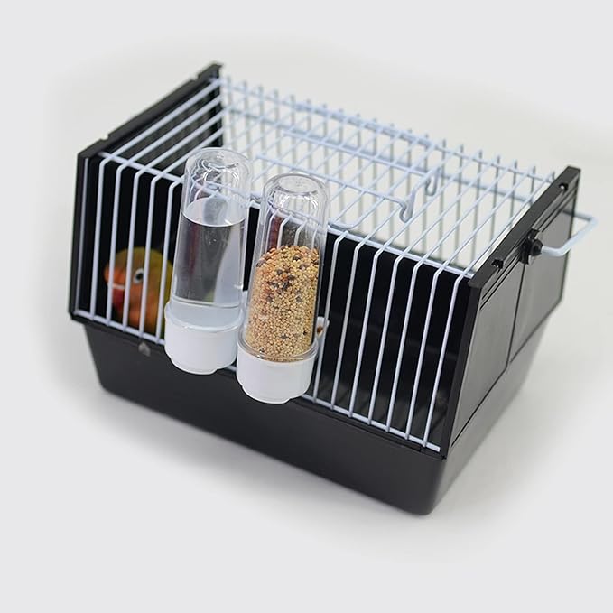 Portable Bird Cage Travel Carrier for Small Birds, Parrotlet, Lovebirds, Finches - Breathable with Feeding Cups, Black