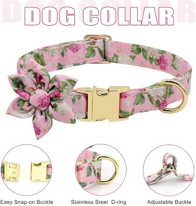 Beirui Cute Girl Dog Collars, Harnesses & Leashes Set - Adjustable Dog Collar and Leash Set with Flower - Soft Mesh Dog Vest Harness for Puppies Small Medium Dogs (Pink,M)