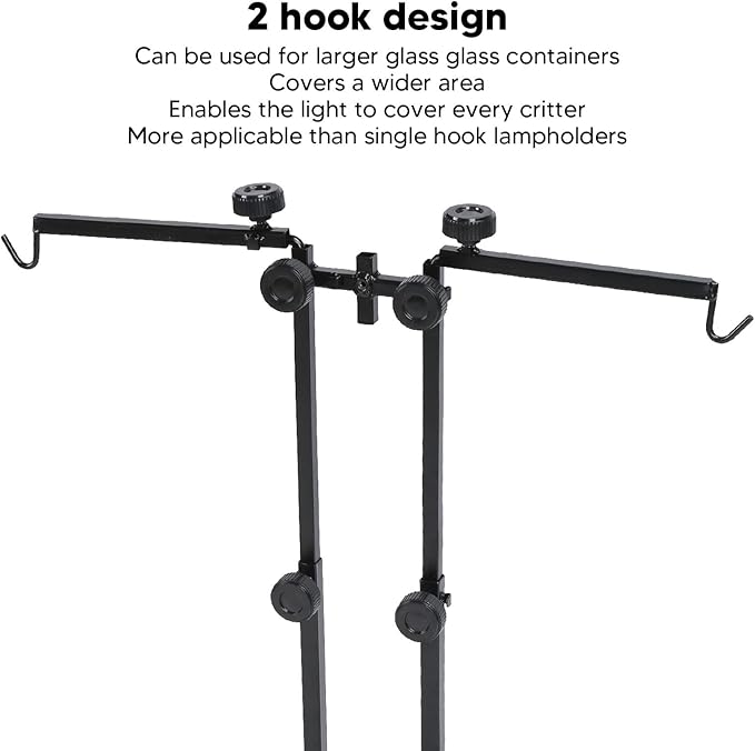 Reptile Lamp Stand, Metal Adjustable Double Hook Light Stand Reptile Lamp Fixture Base with Heavy Base for Terrarium Tank Amphibians