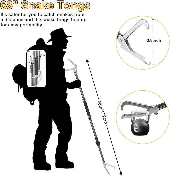 Snake Tongs Heavy Duty, 68" Snake Catcher Grabber for Rattlesnake Professional Safe Handling Snake Long Reach Grabber Wide Jaw Handling Tool with Lock Non Slip Foam Handle Sturdy Metal Tubes