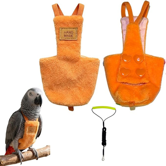 Adjustable Bird Diaper Parrot Clothes Flight Suite, Reusable Parrot Nappy with Waterproof Inner Layer, Warm Bird Urine Wet Suit Costume for Conure African Grey Quaker (Orange, with Leash,2XL)