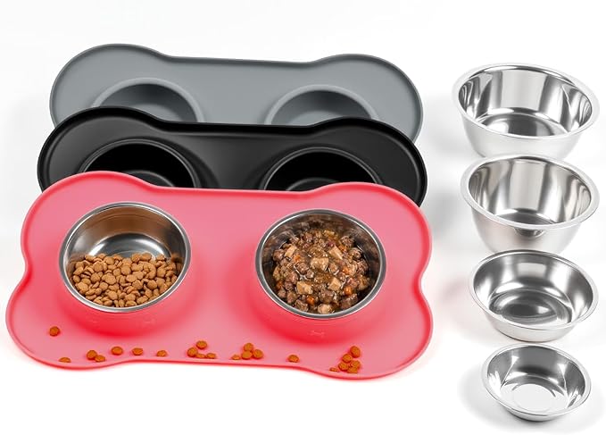 Conlun Dog Bowls with Non-Slip Silicone Mat, Spill Proof Large Food & Water Bowls Set, Easy Clean Dog Food Dish, Dishwasher Safe, Suitable for Dogs Cats Pet Under 90lbs, Large, Pink
