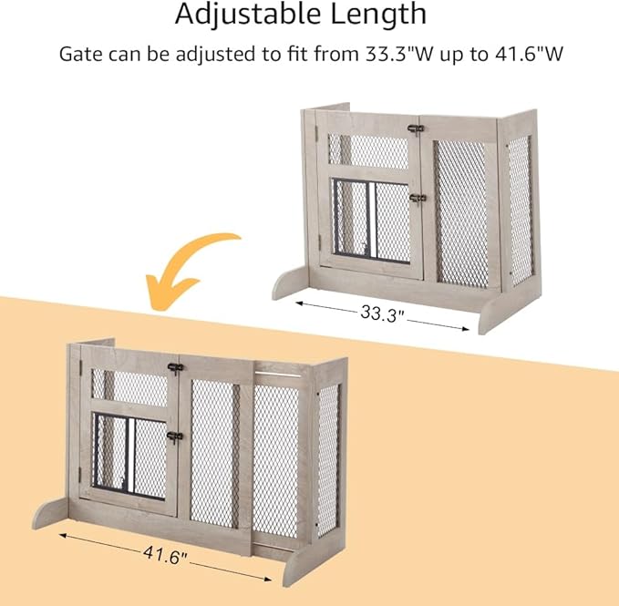 unipaws Dog Gate Indoor, Separates Puppy and Large Dogs, Walk Through Pet Gate with Dog Door, Free Standing, Adjustable 33.3-41.6 Inches Wide, Gray, Metal & Wood