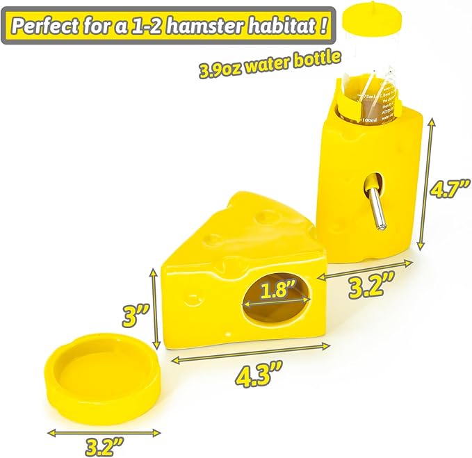 Ceramic Hamster Habitat Set, 3-Piece Cute Cheese Design – Water Bottle (3.9oz), Food Bowl & Cooling Hideout House for Dwarf Hamsters, Gerbils, and Small Pets – Easy to Clean & Chew-Resistant