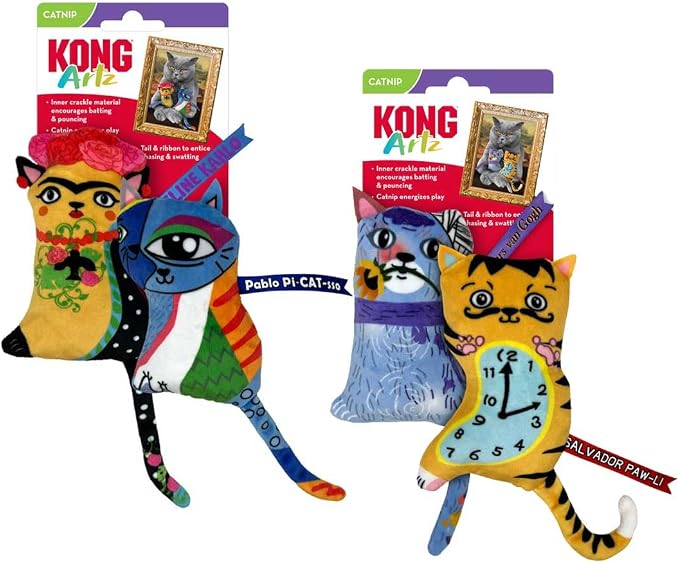 KONG Artz Cats - Crackling Cat Toys with Catnip, Ribbon and Tail (Bundle (Kahlo/Picasso and Dali/Van Gogh)) by KONG
