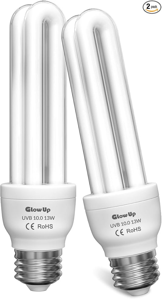 GlowUp UVB 10.0 Reptile Light, 13W Desert Reptile Light for Reptiles Compact Fluorescent UVB Bulbs for Bearded Dragon, Lizard, Snakes (2-Pack)