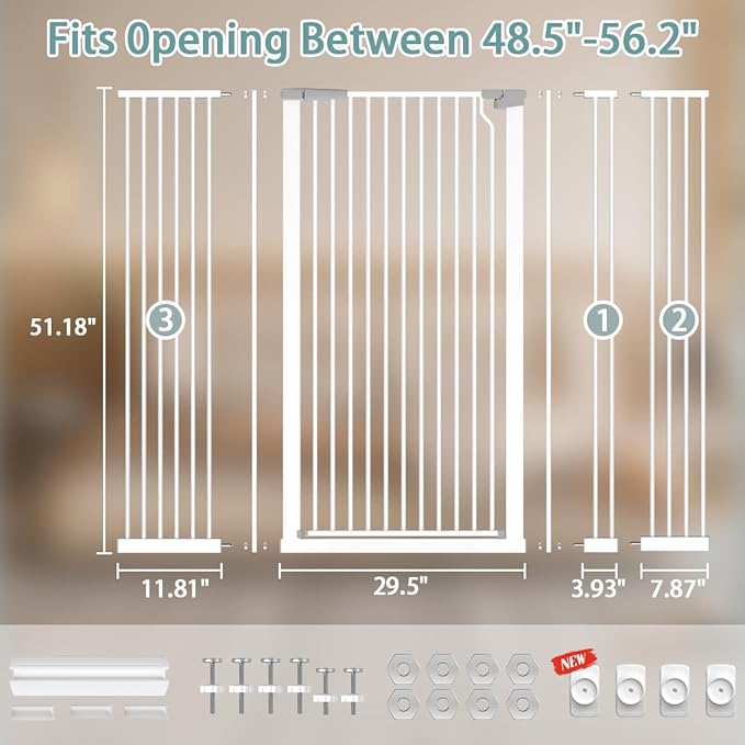51.18" Tall Extra Tall Pet Gate Dog Door, Auto Close Safety Gates for Kitchen Living Room Doorways Hallway,Indoor Pet Gates for Dogs or Cats(Black) (White, 48.5-56.3")
