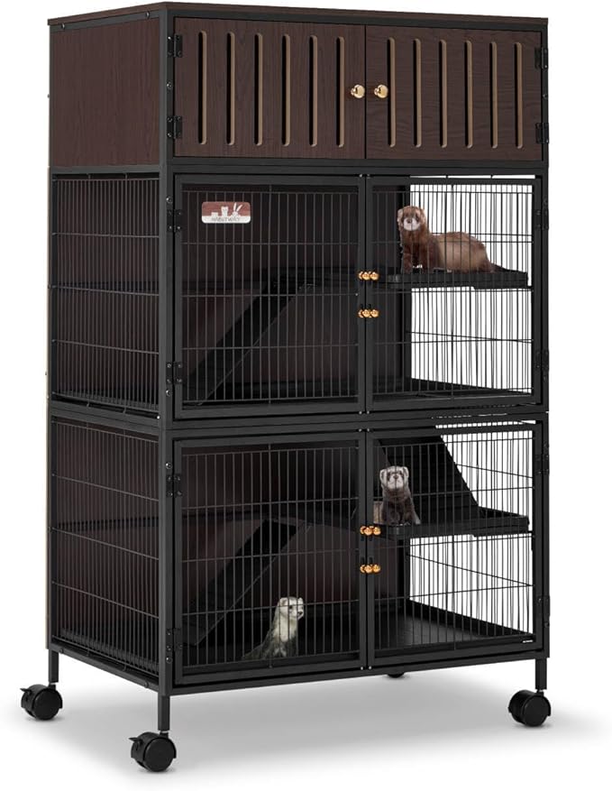 HABUTWAY 50''H Metal Large Ferret Cage, Rolling Chinchilla Cage with Removable Ramps& Double Door, with Locker, Small Animal Cage Indoor Wooden Pet Crate Furniture