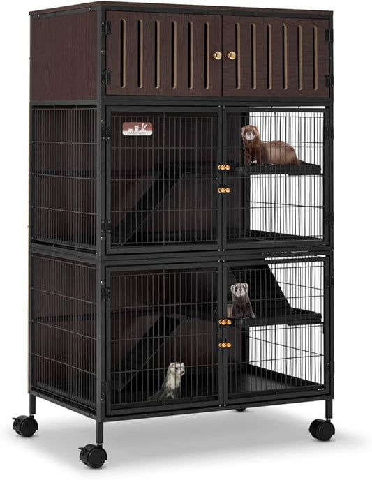 HABUTWAY 50''H Metal Large Ferret Cage, Rolling Chinchilla Cage with Removable Ramps& Double Door, with Locker, Small Animal Cage Indoor Wooden Pet Crate Furniture