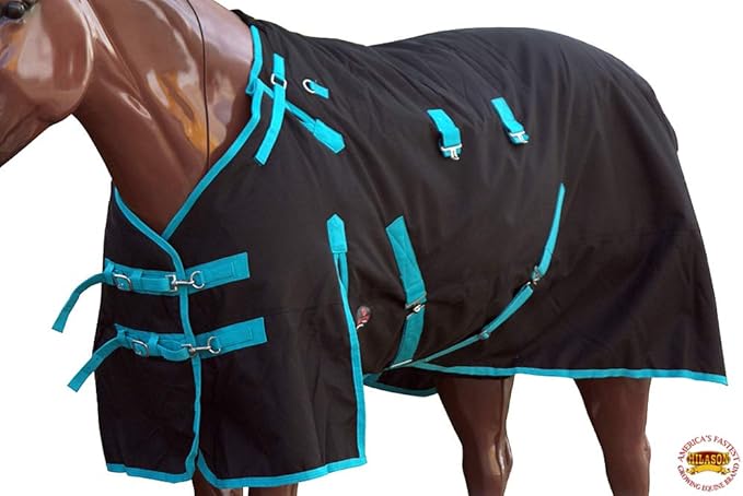 Black with Turquoise Trims 84 inch HILASON 1200D Winter Waterproof Poly Horse Turnout Blanket Belly Wrap