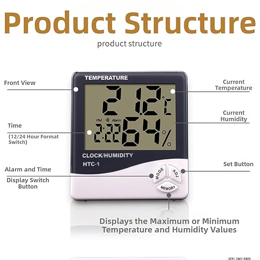 for HTC-1 Digital Indoor Thermometer Hygrometer with Alarm Clock, Temperature Humidity Monitor, Large Display for Home, Office, Room