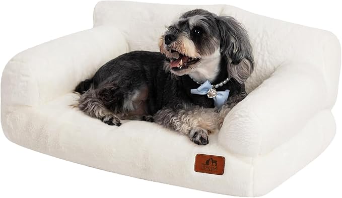 Hollypet Fluffy Dog Cat Bed Pet Couch Beds Plush Soft Warming Washable Puppy Bed for Small Medium Dogs and Large Cats, White, 24" L x 18" W x 10" Th