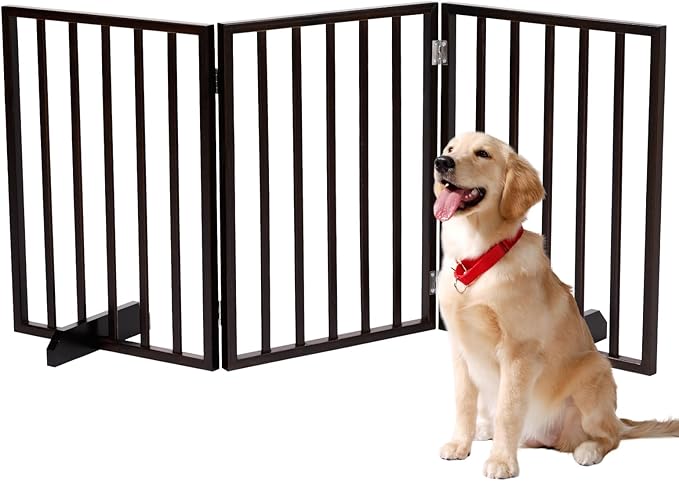 BONNLO Free Standing Dog Gate Indoor, Foldable Pet Gate for Dogs and Puppy, 24" Height Wooden Dog Gates for Doorways Extra Wide/Stairs/Hallways (Walnut, 3 Panel)