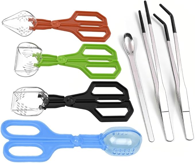 7-Pack Reptile Feeding Tools Set - 4 Feeding Tongs/Worm Tongs/Worm Scoop/Cleaning Shovels, 2 Tweezers & 1 Feeding Spoon, for Reptiles, Hedgehogs, Lizards, Spiders, Bearded Dragons