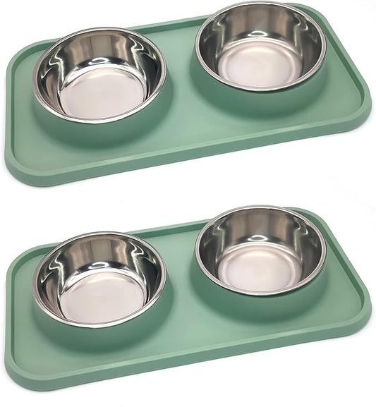 BNOSDM 2 Pcs Double Dog Food Bowls, Stainless Steel Small Dog Food and Water Bowls with Non-Spill Plastic Mat, Pet Cat Feeder Dish Set for Puppy Cats Kitten, Green