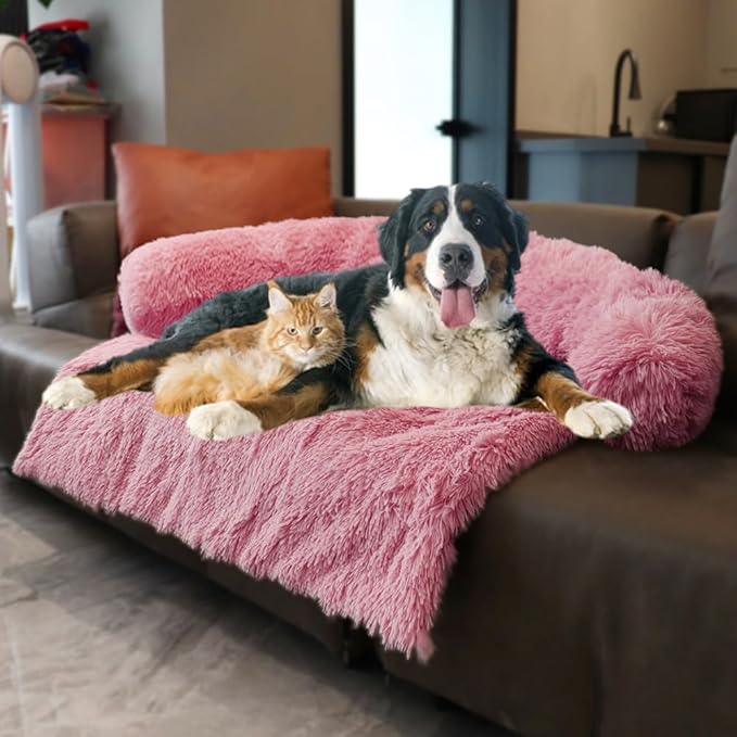 Tinaco Luxurious Calming Dogs/Cats Bed Mats, Dog Pad Washable Removable Couch Cover, Plush Long Fur Mat for Pets, Waterproof Lining, Perfect for Small, Medium and Large Dogs and Cats (Pink, 59"x39")