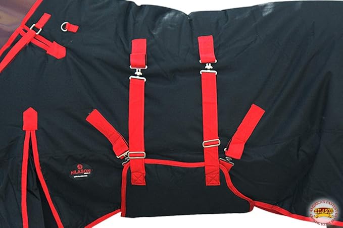 Black with Red Trims 84 Inch HILASON 1200D Winter Waterproof Poly Horse Turnout Blanket Belly Wrap