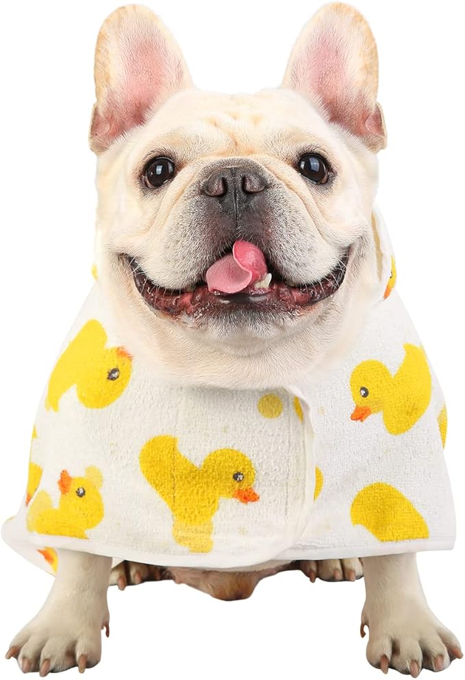 HDE Dog Bathrobe Super Absorbent Quick Drying Puppy Towel Wrap Coat Adjustable After Bath Robes with Hood for Dog Sizes S-XXL White Rubber Ducks S