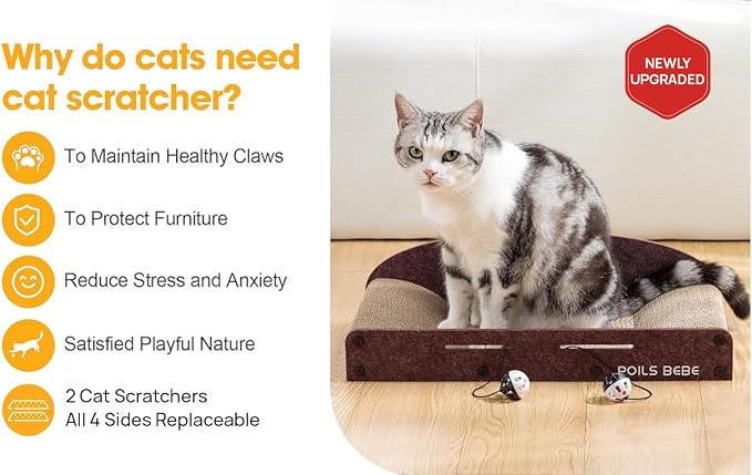 Poils Bebe 26 Inch Sofa Cat Scratcher, Small Cat Scratcher Cardboard with Bell Balls, Durable Couch Lounger for Indoor Cats, Cat Scratch Furniture Protector with Catnip, Cat Toys - Image 8