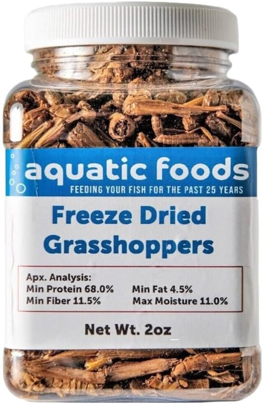 Aquatic Foods Inc. Grasshoppers- Freeze Dried Grasshoppers, Great for Reptiles, Turtles, Tortoises, Hamsters, Rodents, Birds, Large Tropical Fish - Small Jar 2oz