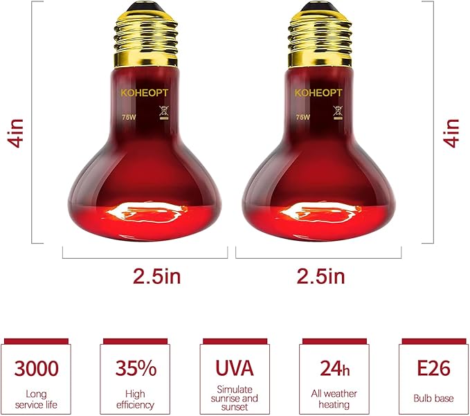 2-Pack 75W Reptile Heat Lamp Bulb, Infrared Heat Emitter Red Heat Lamp for Reptile Amphibian, Infrared Basking Spot Light Bulb,Red Heat Lamp for Chickens、Lizards、Snakes、Turtles