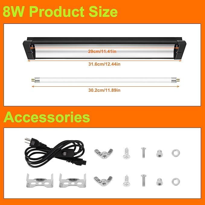 T5 UVB Light for Reptiles, 10.0 8W HO UVA UVB Reptile Light Fixture, 12 Inch Lamp Tube for Bearded Dragon, Tortoise, Lizards, Reptiles and Amphibians