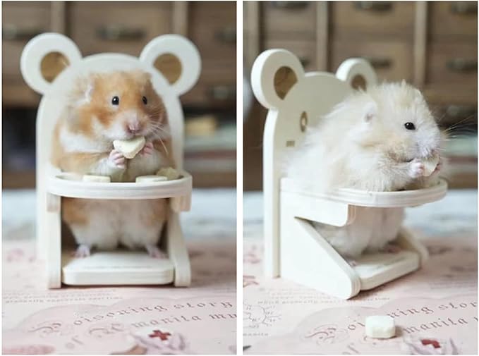 Hamster Chair with Food Bowl Tray- Handmade Wooden Small Animal Cage Accessories Habitat Decor House Photo Props Small Animal Toys for Hamster Mice Rat Hedgehog Rodents (Wood)