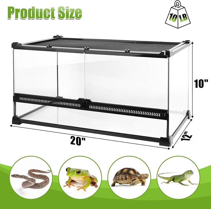Reptile Terrarium 20"x12"x10", Full Glass Tank Enclosure for Small Reptiles, Geckos, Frogs, Lizards, Snakes, Spiders, Turtles, Rainforest Terrarium Habitat