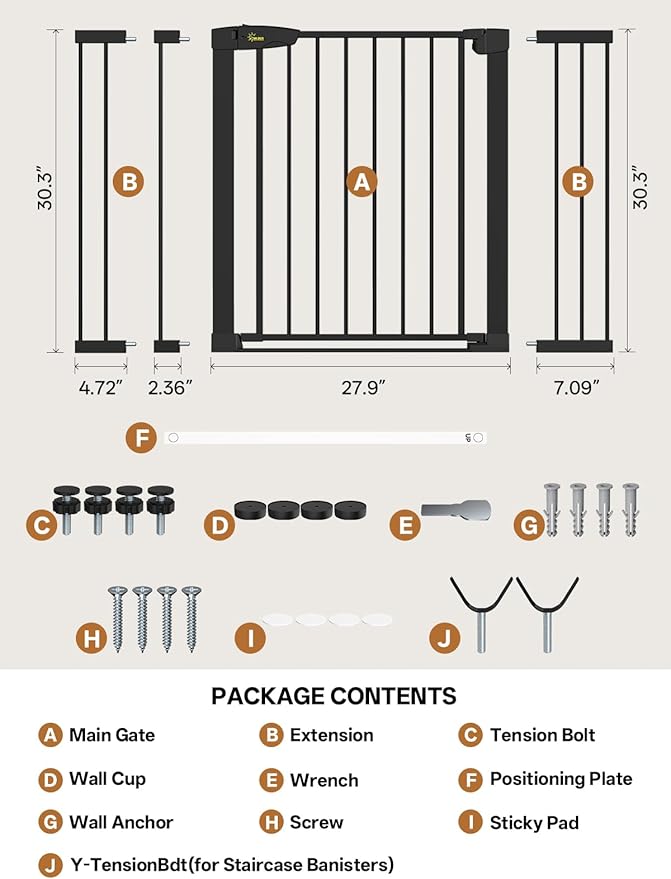 Baby Gate for Indoor Stairs & Doorways: Wide Expandable 27.9-42.1" Metal Safety Gate - Toddler Pets 30" Tall Dog Gate with Easy Install Pressure Mount Dual Lock & 2-Way Swing, Black.
