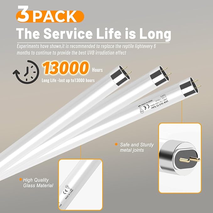 3 Pack T5 10.0 UVB Reptile Light Bulbs 8W 12" – UVA UVB Light Tube for Bearded Dragons, Turtles, Chameleons, Lizards, and Amphibians – Reptile UVB Bulbs for Desert & Tropical Habitats