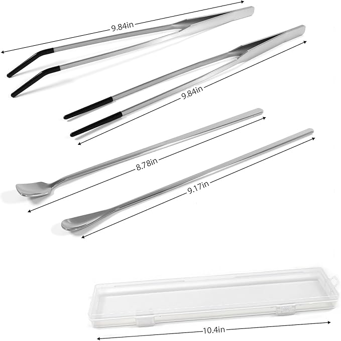 4 Pcs Reptile Feeding Tools Set with Silicone Tips - Extra Long Straight&Curved Tongs, Spoons - Stainless Steel Terrarium Feeder Kit for Bearded Dragons, Lizards, Snake, Spiders, Aquarium