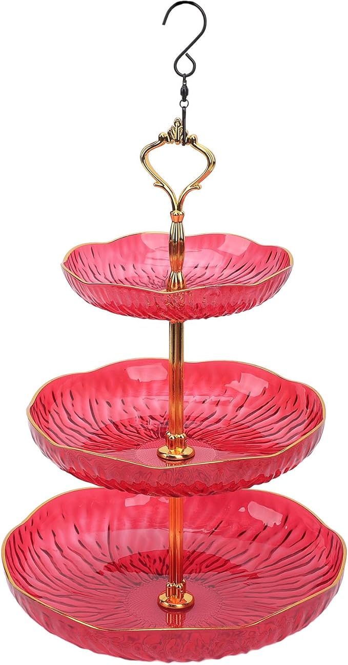 SUNGOOYUE Hanging Bird Feeder for Outdoor Use, Practical Bird Bath with 3-Tier Hanging Bowl, Holds Up to 4.5 Kg of Food, Improves The Watching Experience in Your Garden (Red)
