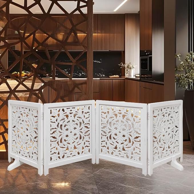 Lightnpro Wooden Foldable Pet Dog Safety Gate - 4 Panels 18" Wx24 H- Hand Carved Solid Wood and MDF - Freestanding Portable Indoor Doorway Hall Stairs Dog Puppy Fence- Fully Assembled - Antique White
