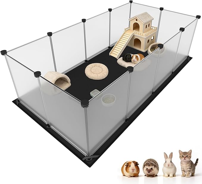 Tresbro Guinea Pig Cage with Waterproof Mat & 12 Transparent Panels, Bunny Enclosure and Indoor Guinea Pig Playpen 48''L x 24''W x 16''H, Small Animal Playpen for Hamster, Hedgehog, Kitten, Rabbit