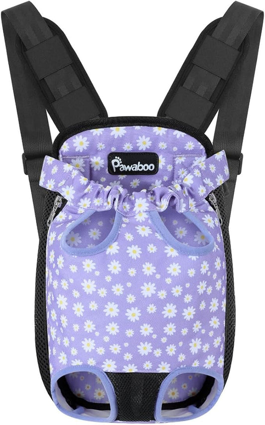 Pawaboo Pet Carrier Backpack, Adjustable Pet Front Cat Dog Carrier Backpack Purse Travel Bag, Legs Out, Easy-Fit for Traveling Hiking Camping for Small Medium Dogs, Small, Black & Purple Daisy
