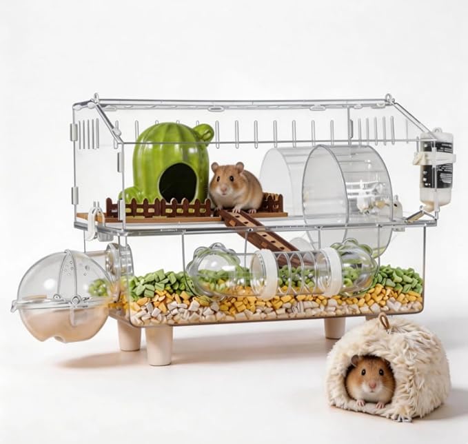 8-in-1 Acrylic Hamster Cage, Clear Transparent Habitat with All Accessories, Multi-Level Small Animal Enclosure with 2 Hideout for Summer and Winter