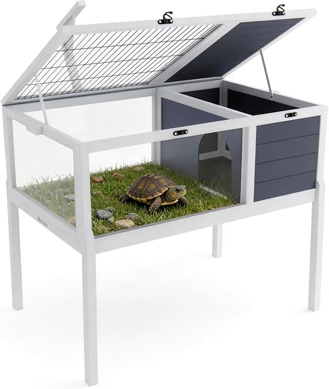 Reptile Habitat Tortoise House with Lamp Holder, Large Observation Window, 2 Waterproof Tray, Detachable Legs, Easy to Clean Wooden Enclosure for Turtles, Lizards, Geckos, and Small Pets Indoor Outdoo