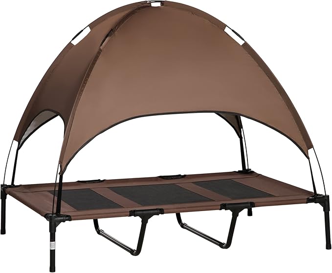 PawHut Elevated Portable Dog Cot Pet Bed with UV Protection Canopy Shade, 48 inch, Coffee