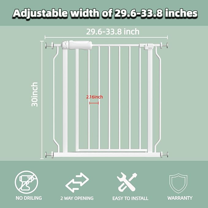 Extra Wide Baby Safety Gate 29.6-33.8Inch Auto Close Child Gates, Pressure Mounted Gate for Stairs & Doorways, Indoor/Outdoor Heavy-Duty Pet Gate for Toddlers, Dogs, White