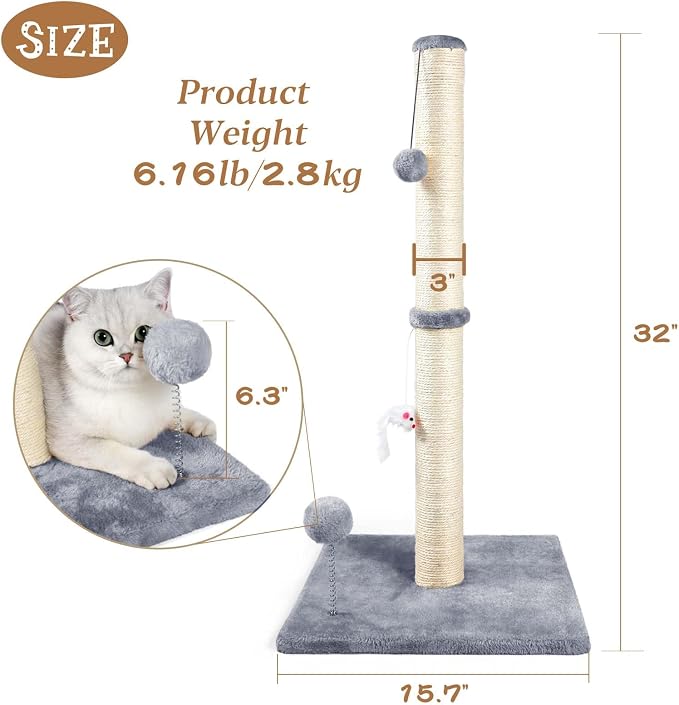 ANWA 32" Tall Sisal Cat Scratching Posts Tree for Indoor Cats Adults, Gray - Image 2