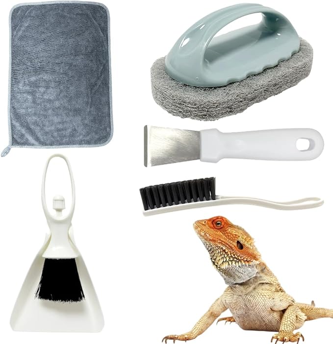 Bearded Dragon Tank Cleaning Kit – Reptile Enclosure Tool Set with Mini Dustpan, Brush, Scraper & Cleaning Cloth for Lizard & Gecko Terrarium Maintenance