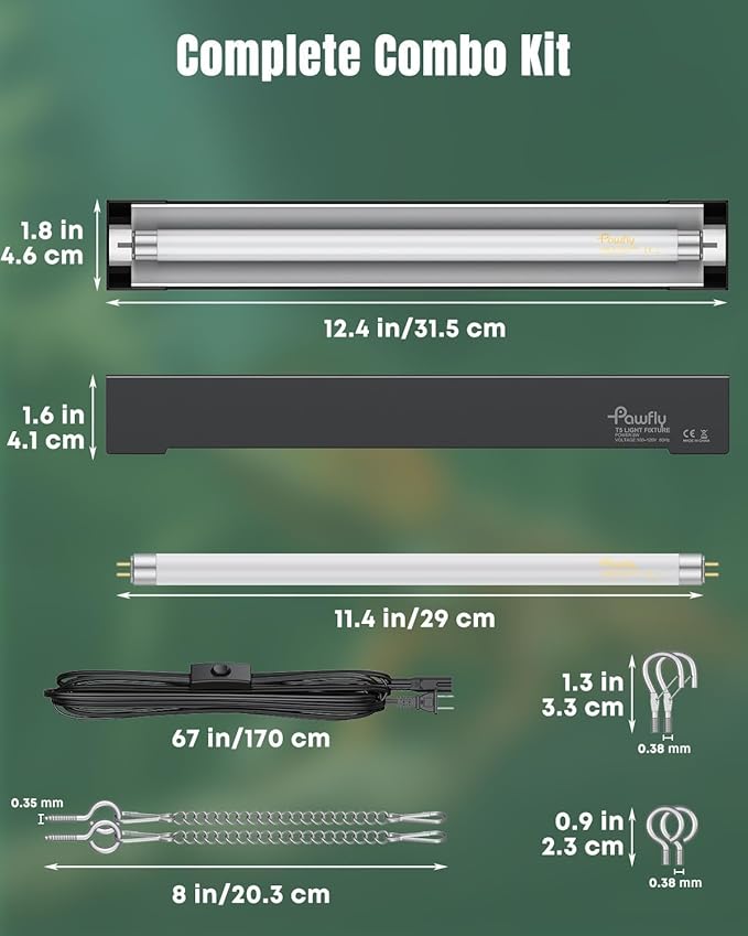 Pawfly T5 Reptile Light Combo Kit with 2 UVB Tubes, 10.0 UVB Light Fixture with Terrarium Hood and 8W Light Tubes for Bearded Dragon, Desert & Tropical Terrariums