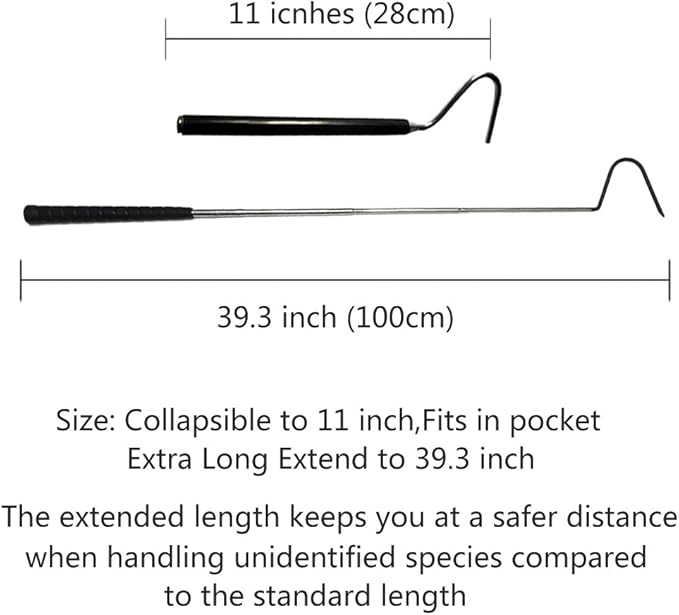 ayamaya Collapsible Snake Hook Extend to 39.3 inch, Telescoping Pocket Stainless Steel Snake Shaft Retractable Reptile Hook Soft Grip Field Hook for Catching Handling Grabber Separate Small Pet Snake