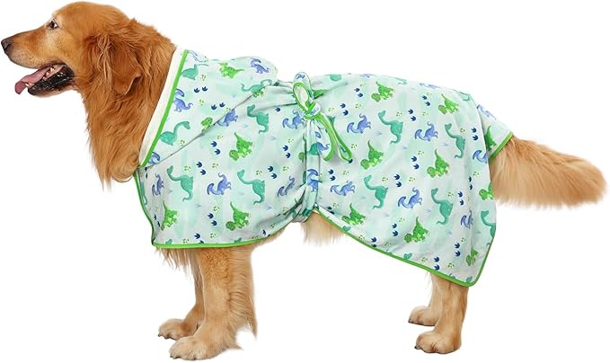 HDE Dog Bathrobe Super Absorbent Quick Drying Puppy Towel Wrap Coat Adjustable After Bath Robes with Hood for Dog Sizes S-XXL Cute Dinosaurs L